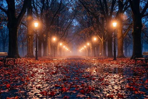 Misty Autumn Park Pathway at Dusk