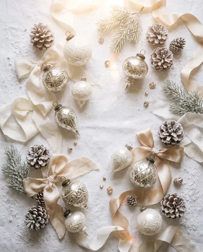 Elegant White and Champagne Christmas Flat Lay