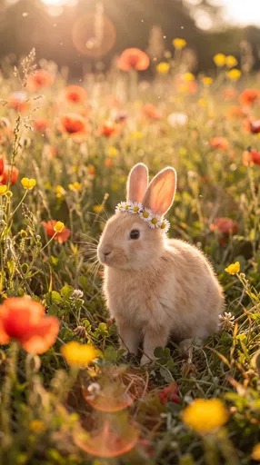 Fawn Bunny Wearing Daisy Crown in Meadow