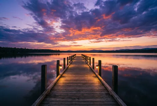 Wooden Pier on Calm Sunset Lake