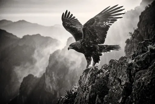 Monochrome Golden Eagle Perched on Mountain Cliff