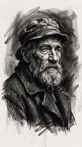 Charcoal Portrait Sketch of Elderly Bearded Fisherman
