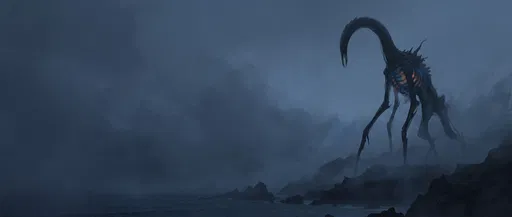 Spindly Nightmare Creature in Coastal Fog