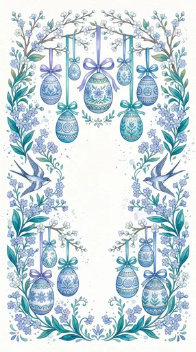 Blue Watercolor Easter Egg Floral Border