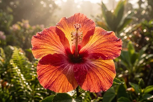 Backlit Tropical Hibiscus Flower With Dew