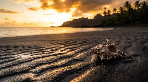 Spiral Seashell on Volcanic Beach at Sunset