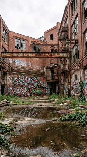Abandoned Industrial Brick Courtyard With Graffiti