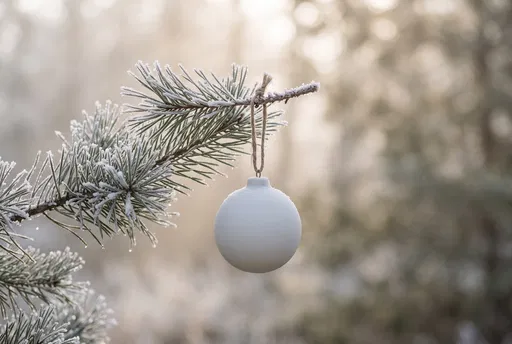 White Ornament on Frosted Pine Branch