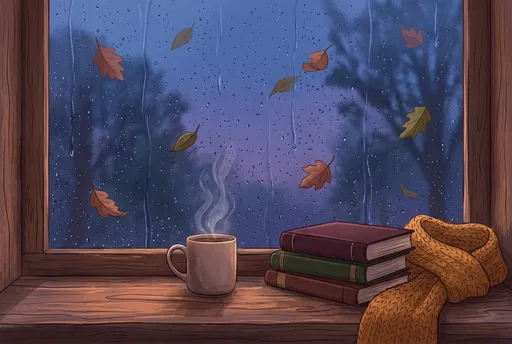 Cozy Autumn Window with Books and Mug