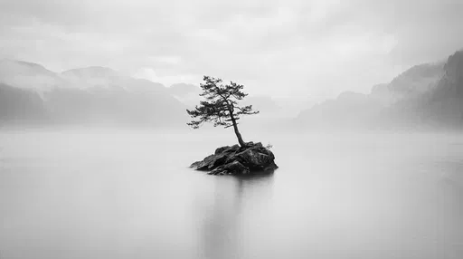 Lone Pine Tree on Misty Lake Islet