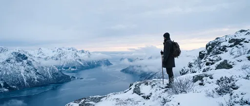 Lone Hiker Overlooking Snowy Fjord at Dawn