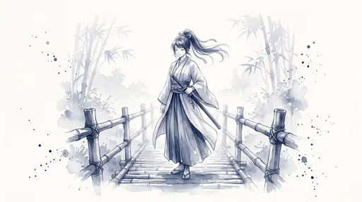 Indigo Watercolor Anime Swordswoman on Bridge