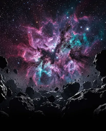 Vibrant Nebula Beyond Dark Asteroid Field