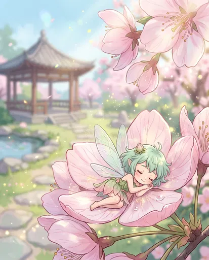 Chibi Fairy Sleeping in Cherry Blossom