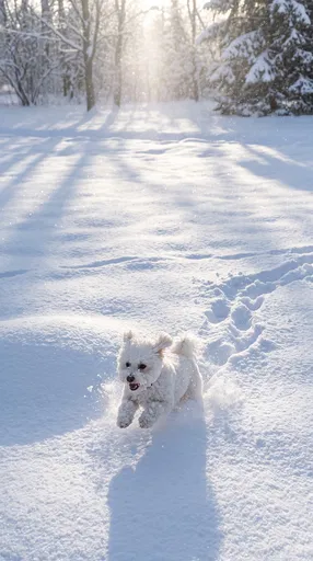 White Dog Bounding Through Deep Winter Snow