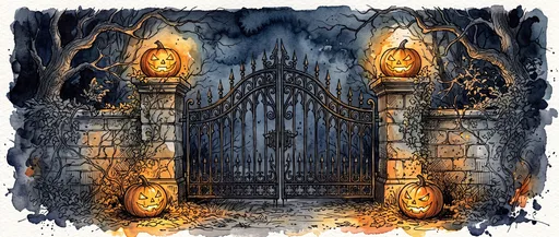 Watercolor Gothic Gate With Glowing Jack-O'-Lanterns