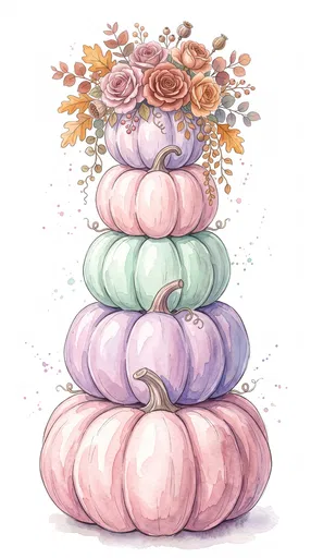Pastel Watercolor Stacked Pumpkins With Autumn Roses