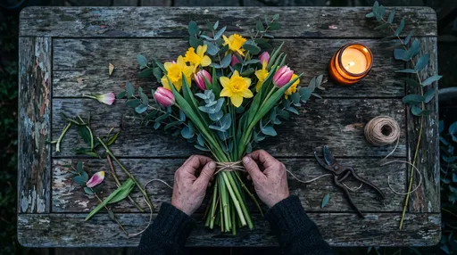 Hands Tying Spring Flower Bouquet on Table