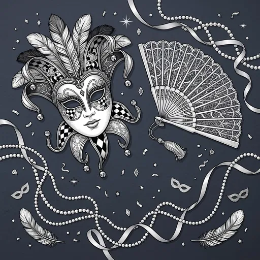 Monochrome Masquerade Mask and Fan Illustration