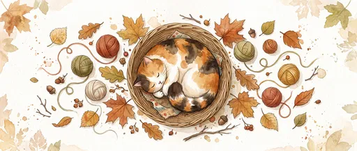 Watercolor Sleeping Calico Cat in Basket