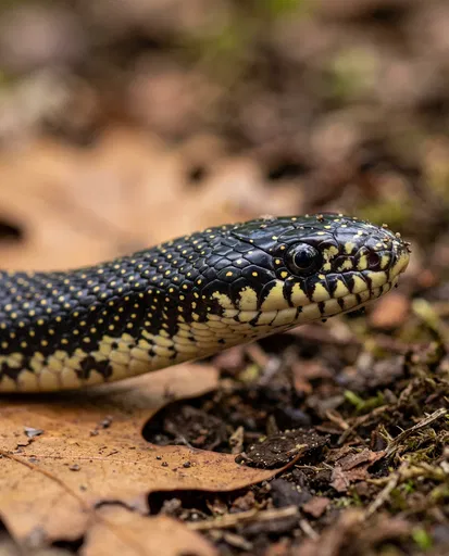 Close-Up of Speckled Kingsnake on Leaves
