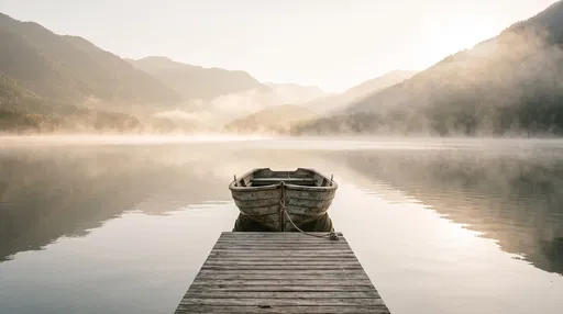 Wooden Rowboat on Misty Mountain Lake