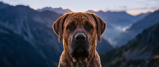 Brindle Mastiff Portrait Against Mountains