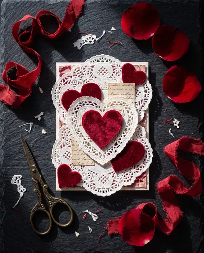 Handmade Vintage Valentine Card Flat Lay