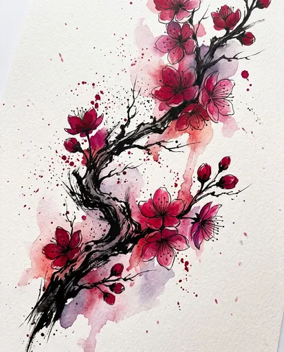 Watercolor Cherry Blossom Branch Illustration