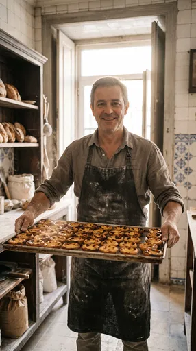 Smiling Baker Holding Tray of Custard Tarts
