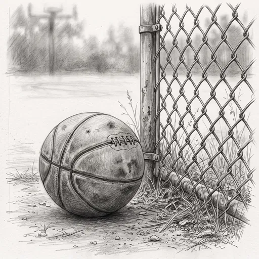 Graphite Sketch of Vintage Basketball by Fence
