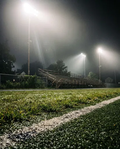Foggy Night Sports Field and Bleachers