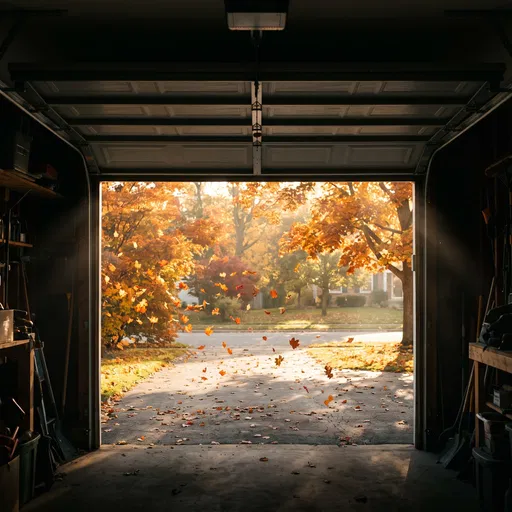 Open Garage Door Overlooking Autumn Driveway