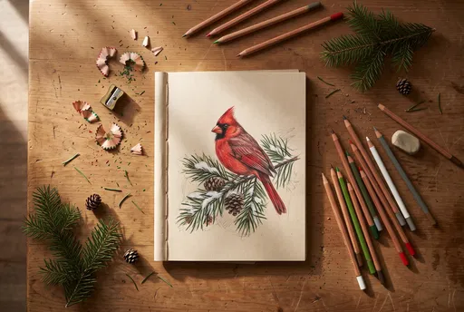 Cardinal Drawing Flat Lay on Wooden Desk