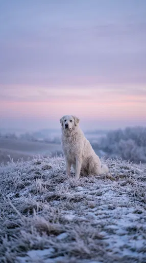 White Dog Sitting on Frosty Hill