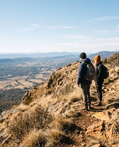 Two Hikers Overlooking Vast Mountain Valley