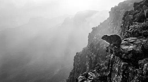 Monochrome Hyrax on Misty Mountain Cliff