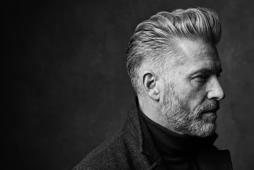 Monochrome Profile of Man with Silver Pompadour