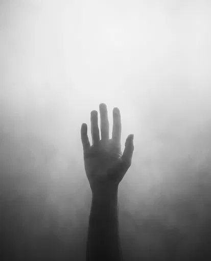 Raised Hand Silhouette in Misty Haze