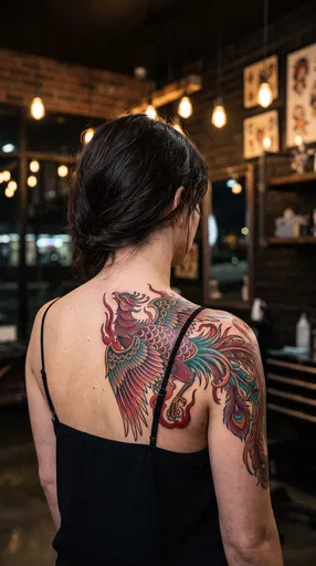 Woman With Colorful Phoenix Back Tattoo