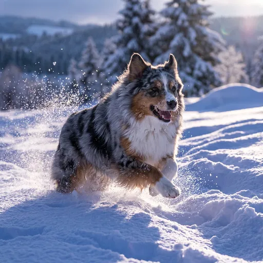 Australian Shepherd Running Through Deep Snow