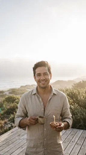 Man Celebrating Birthday on Coastal Deck