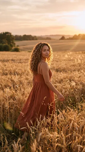 Woman in Sundress Walking Through Wheat Field