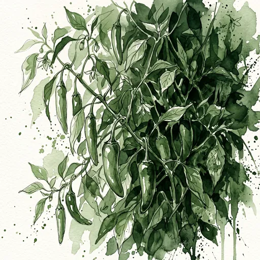Monochrome Green Watercolor Chili Peppers Illustration
