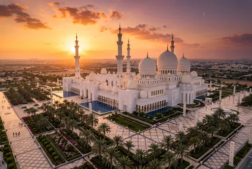 Aerial View of White Mosque at Sunset