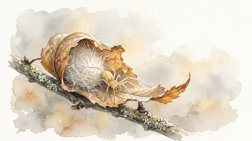 Watercolor Yellow Sac Spider in Curled Leaf