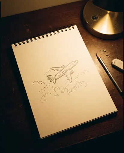 Pencil Sketch of Airplane on Desk