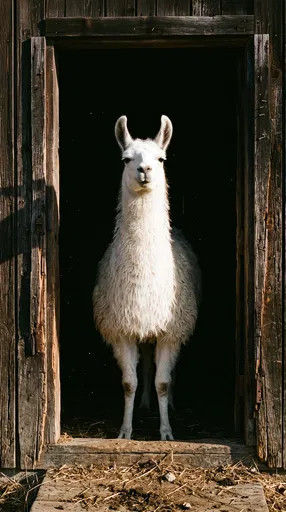 White Llama in Rustic Barn Doorway