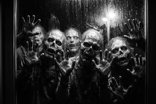 Zombies Pressing Against Rainy Window at Night