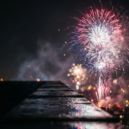 Festive Fireworks Over Wet Rooftop Ledge